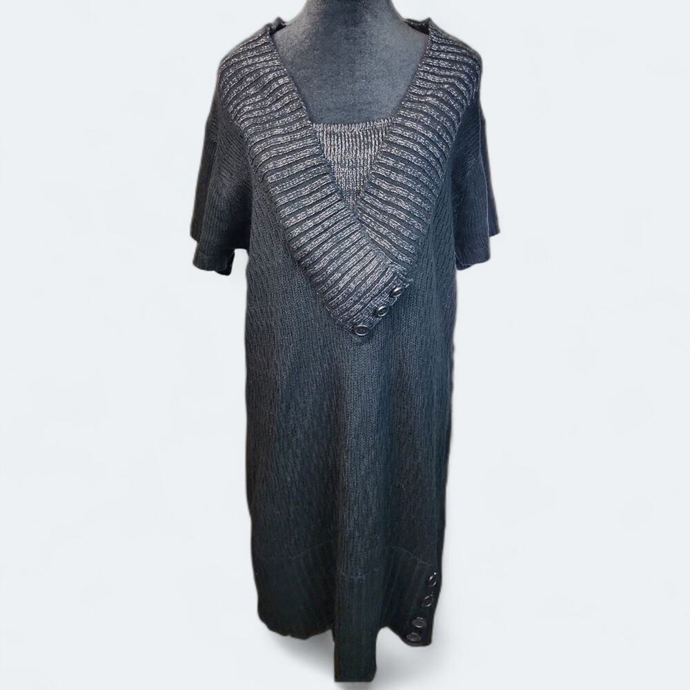 EXTRA TOUCH | Black Knit Sweater Tunic Dress Silver Sparkles Button Accent | 3X